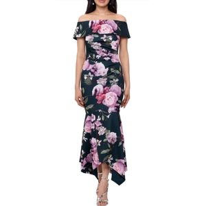 Xscape Floral Off the Shoulder High Low Midi Dress Pine Floral